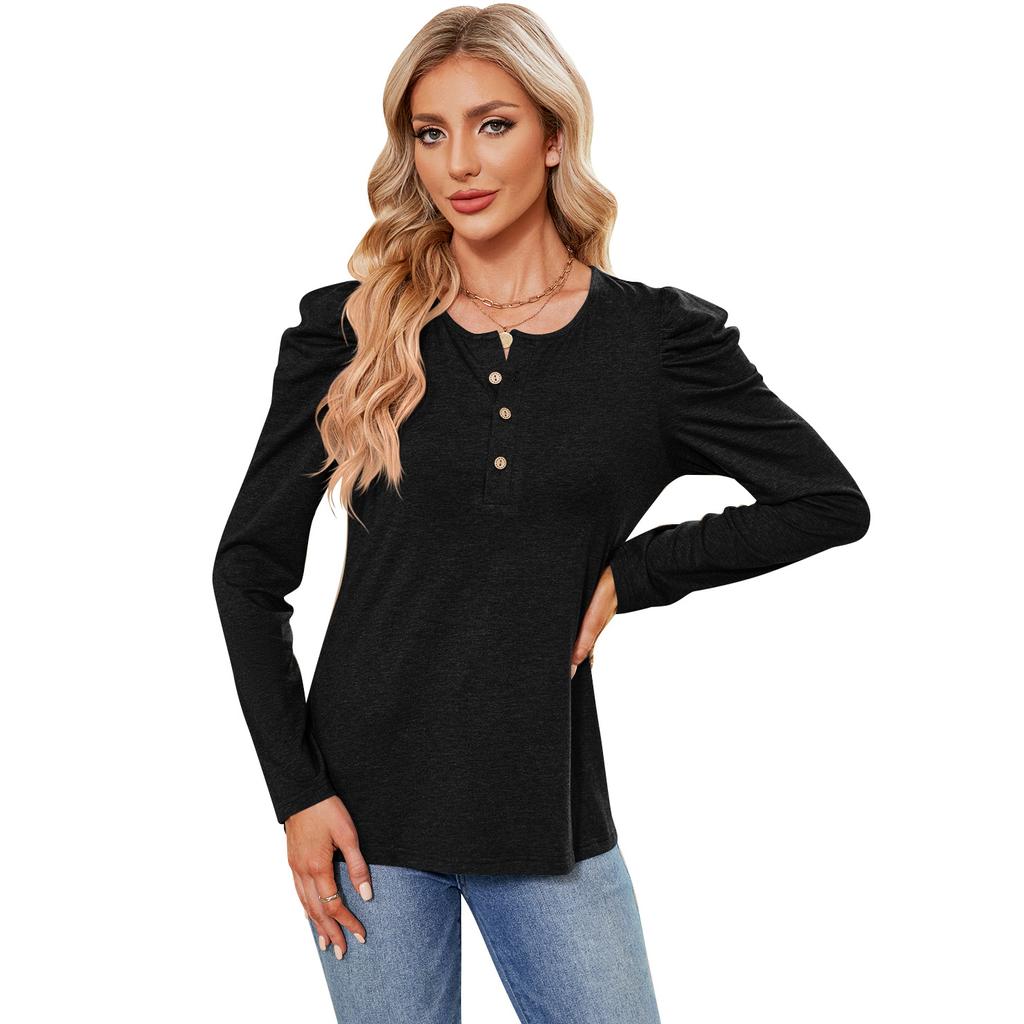 GMXIA Women's Fashion Casual Autumn Winter Solid Color Print Long Sleeve Button O-Neck Loose Blouses & Shirts