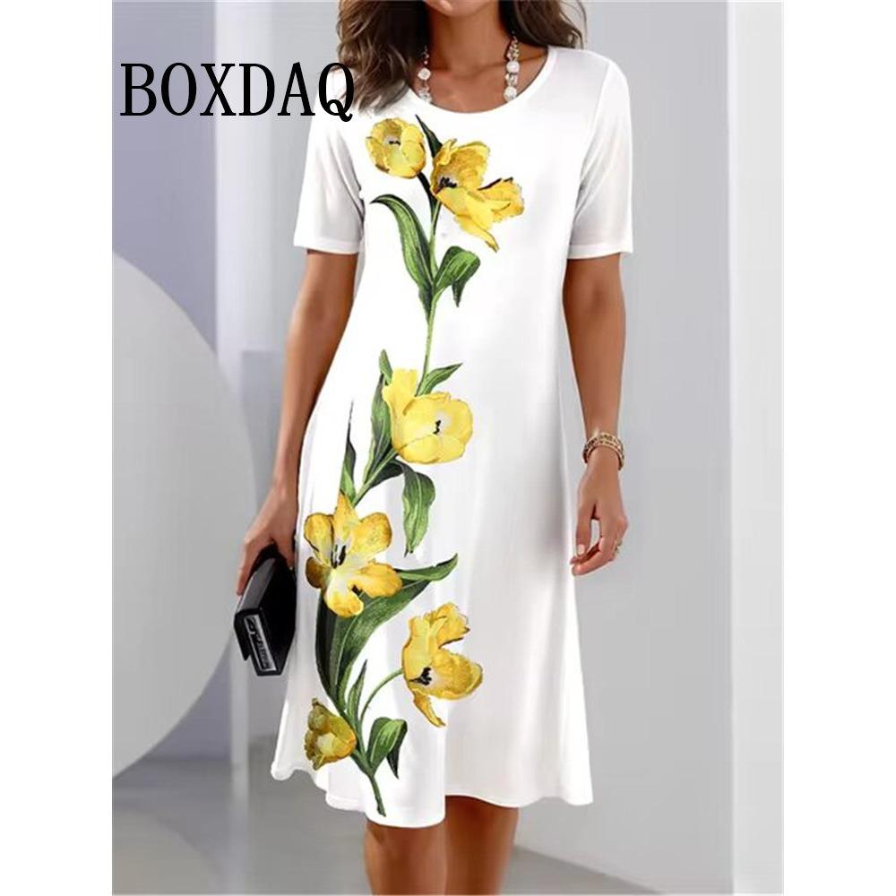 Women Casual Dresses Summer Vintage Style Female O-Neck Flower Printed Dress Loose Ladies Clothing