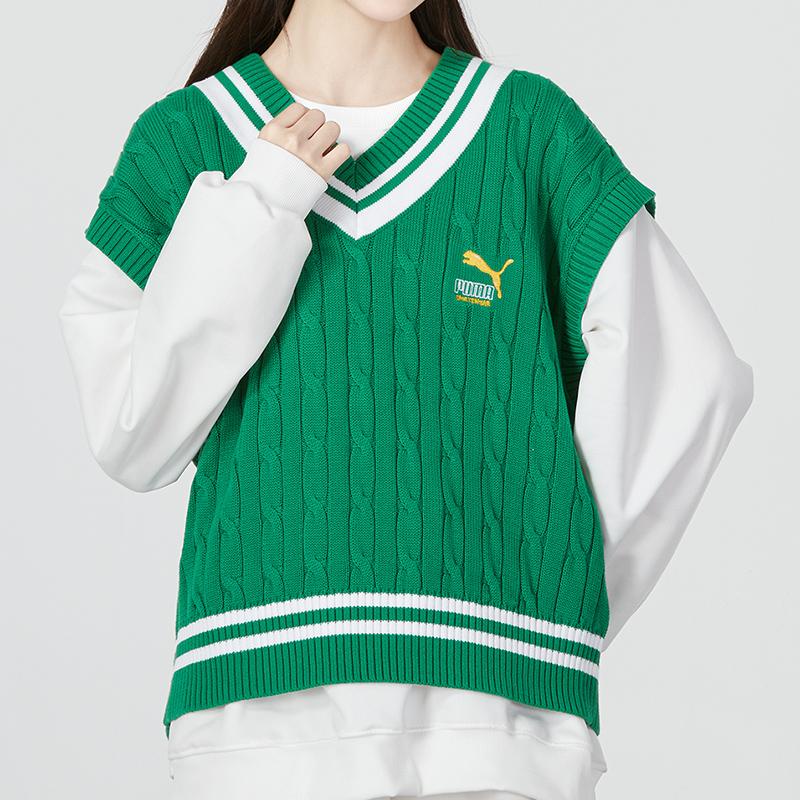 Puma Sweater Vest Striped Knit Women Tops Green 537969-86