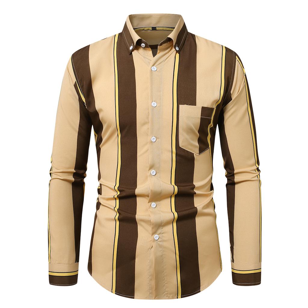 Autumn Men'S Vertical Stripe Long Sleeve Shirt Fashion Multi-Color Button-Neck Business Casual Shirt