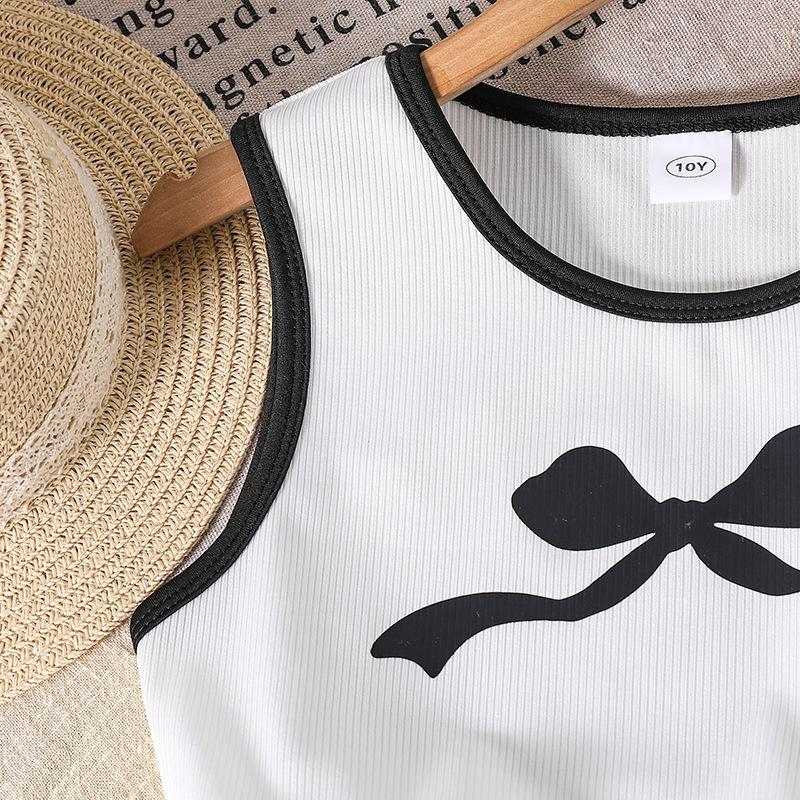 8-12Y Girl's Suit Children's Summer Clothing Bow Tie Vest Top + Casual Striped Trousers Children's Short-sleeved