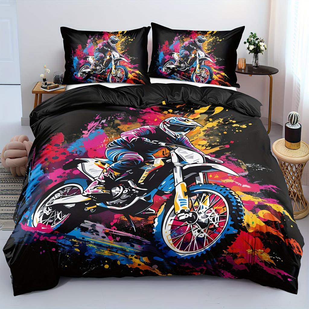 Extreme Sports Theme Colorful Graffiti Motorcycle Duvet Set Soft Bedding Set Three-Piece Set