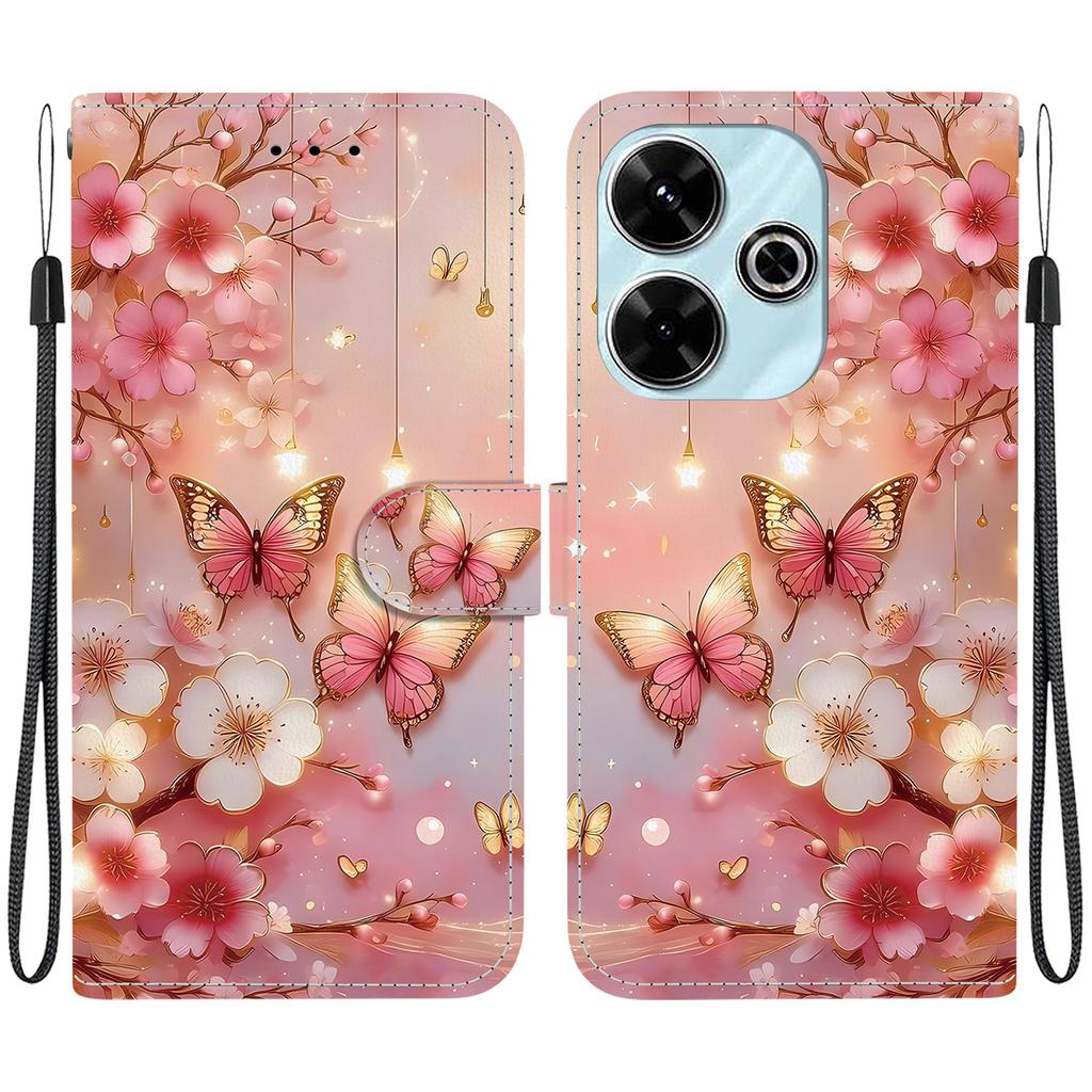 Handmade PU Leather Flip Case for Xiaomi Redmi 13 (4G) / Xiaomi Poco M6 4G Anti-Slip Shockproof Cover with Wrist Strap & Heart/Rose Cat Designs