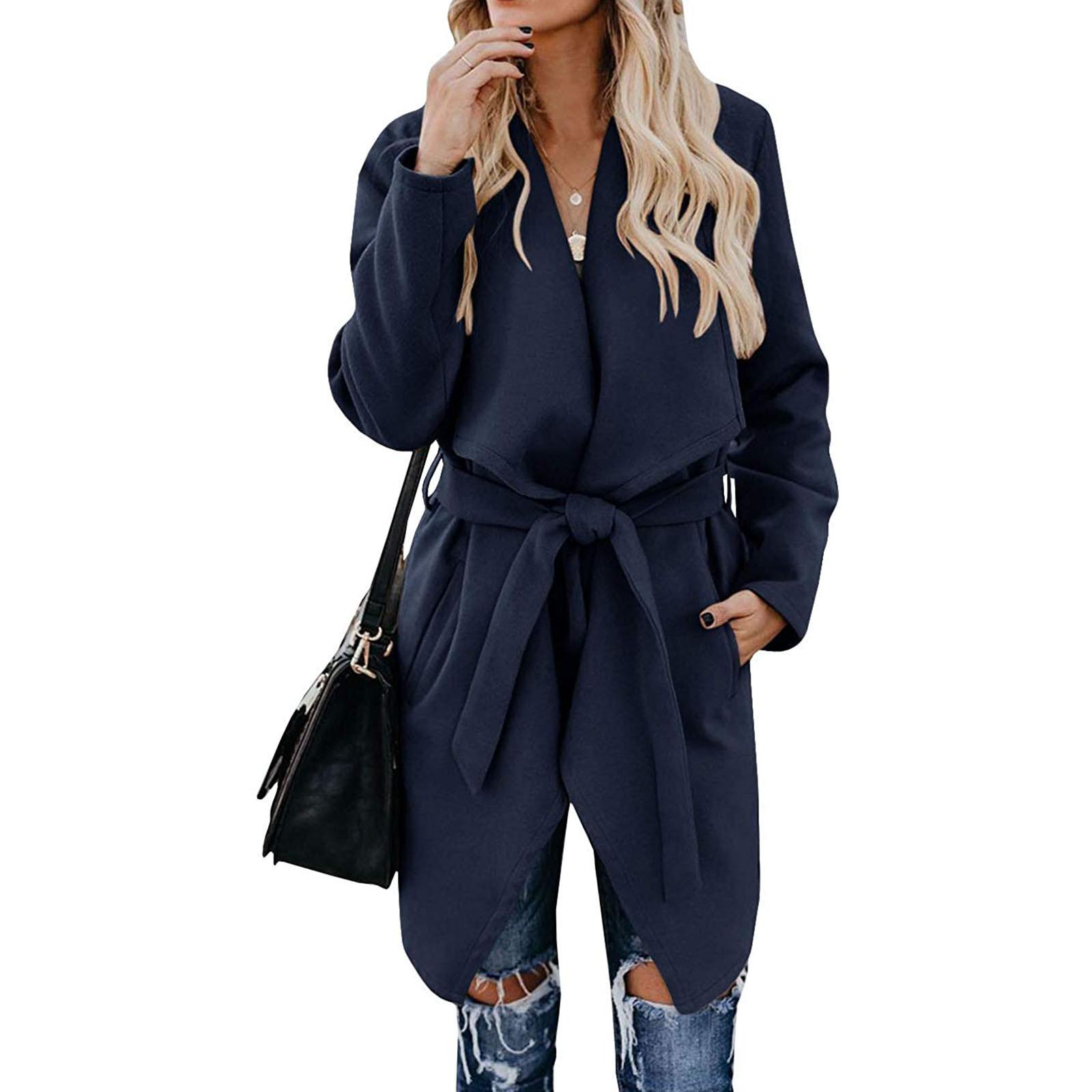 

Женское пальто больших размеров с поясом, пальто с длинным рукавом, верхняя одежда, куртка с карманами XXXL тёмно-синий