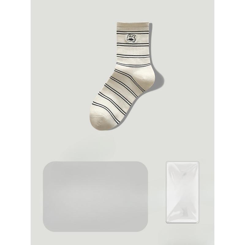Ladies Summer Stripe Lovely Embroidery Deodorant Sweat Absorber Boneless Breathable Mid Tube Cotton Socks