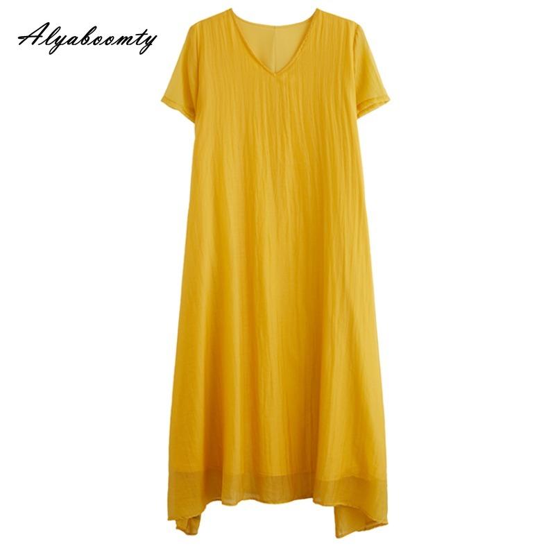 Korean Style Plus Size Summer Women Midi Dress V Neck Black White Pink Blue Yellow Orange Loose Dress Short Sleeve Casual Basic Ladies' Dress