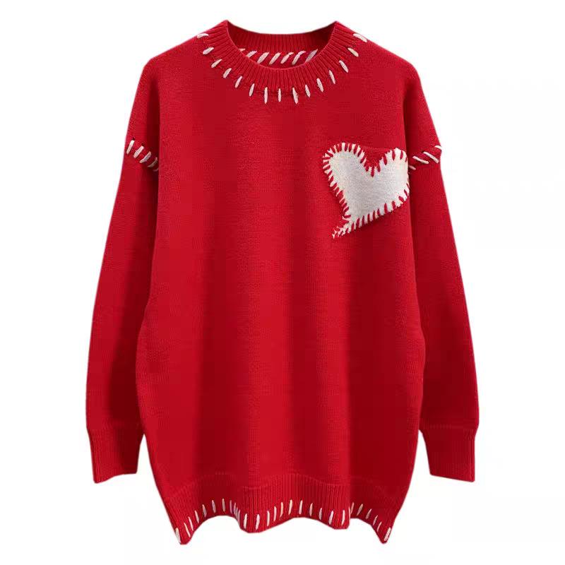 Bai Lu Women's Red Heart Embroidery Sweater - Autumn/Winter Christmas Edition