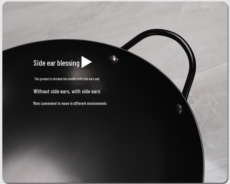 Old-Fashioned Non-Coated Cast Iron Wok, Round Bottom, Non-Slip, Non-Stick, Gas Stove Compatible, Nitrided Fine Iron.