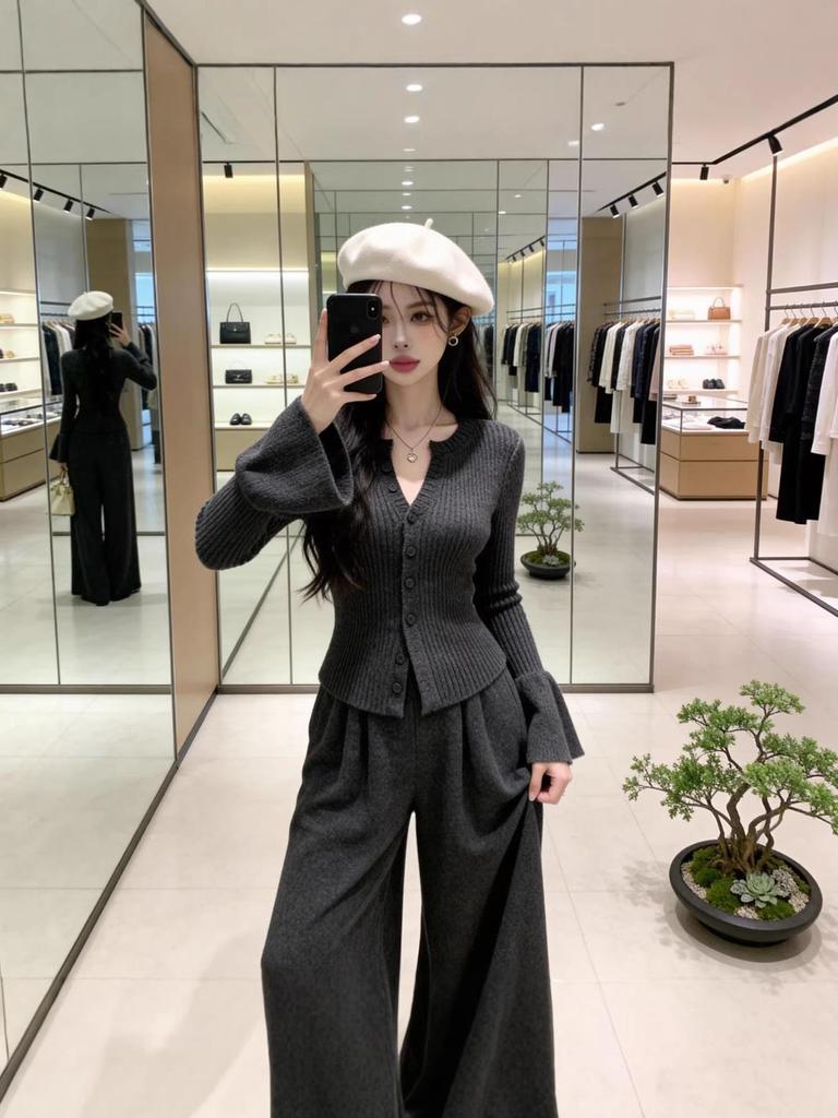 Women's V-Neck Knitwear Set: Slimming Sweater & Wide-Leg Pants for Autumn/Winter
