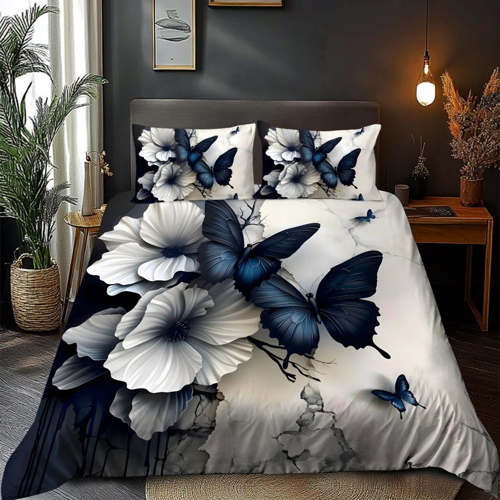 Beding Set Features a Warm And Minimalist Style featuring Buterflies And Floral Paterns Polyester Printed Soft with Soft Fabric Duvet Cover Set