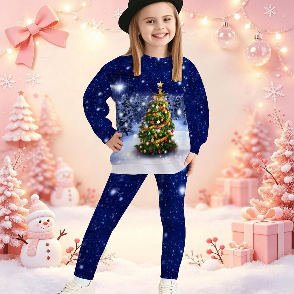 Girls' Xmas Tree Casual Comfortable Soft Loose Pullover Sweatshirt and Leggings 2-Piece Set, New Autumn/Winter, Playful, Sweet and Cool Style
