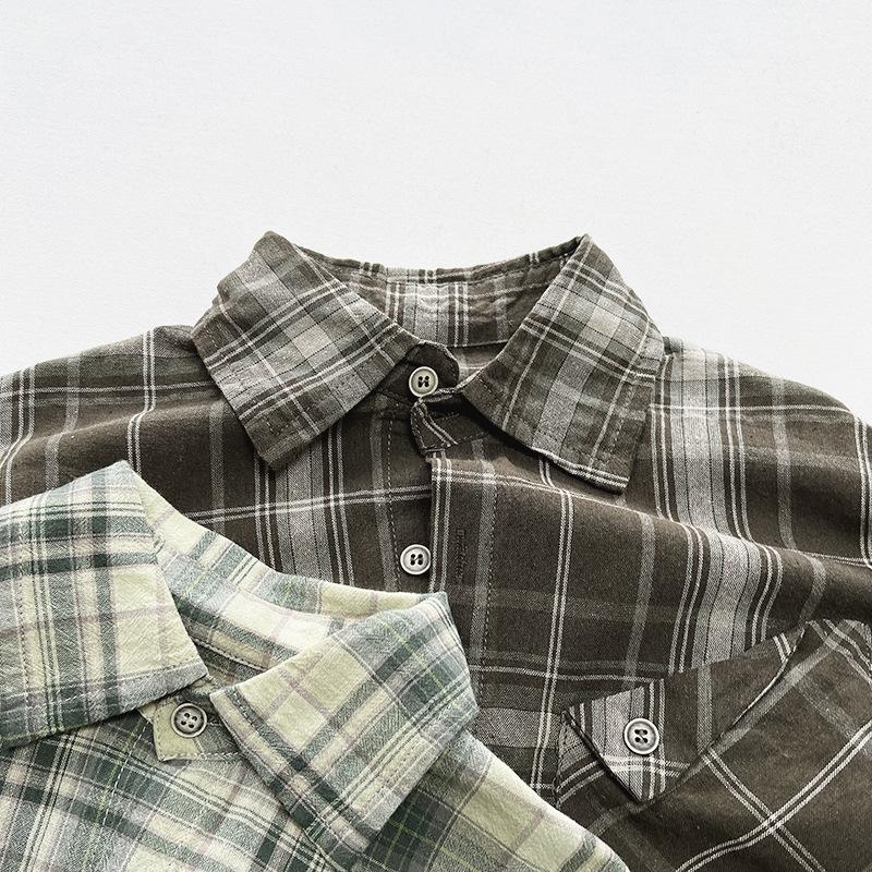 Vintage Korean Style Kids Plaid Long Sleeve Shirt Lightweight Outerwear For Boys Girls