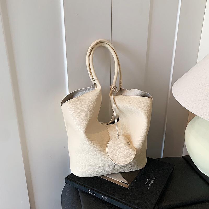 Premium Lazy Wind Tote Bag Women's New Trendy Portable Casual Litchi Pattern Shoulder Bucket Bag