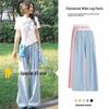 Petite Women's Blue Plaid High Waist Elastic Summer Pants - Yamamoto Drape Casual Straight Wide Leg 