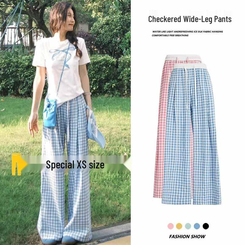 Petite Women's Blue Plaid High Waist Elastic Summer Pants - Yamamoto Drape Casual Straight Wide Leg 