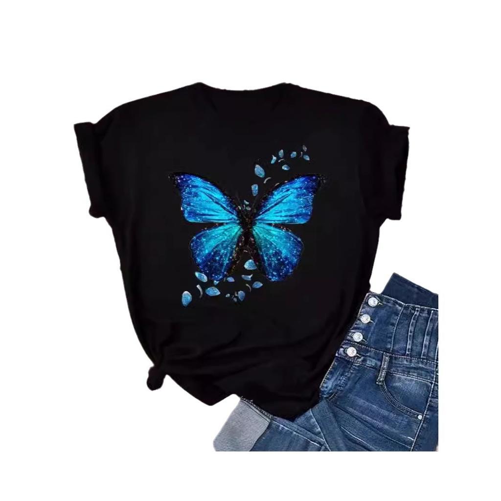 Women's Color Butterfly Petal Print T-Shirt Short Sleeve Crew Neck Cute Pattern T-Shirt Women's Top