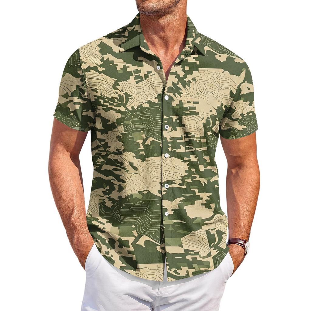 Camisa Casual de Manga Corta con Estampado de Camuflaje para Hombre, Moda Ligera de Botones, Top de Verano para Exteriores Ajustado para Uso Diario