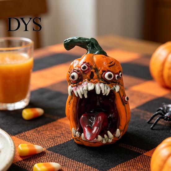 Pumpkin Shape Ornament Halloween Evil Figurine, with Multi Eyes and Holiday Ornaments Fangs, Demon Resin Statue for Party Decoration