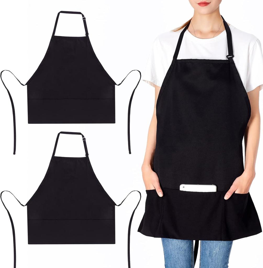 2 Pack 3 Pockets Adjustable Bib Apron Chef Kitchen Cooking Aprons For Women Men Black