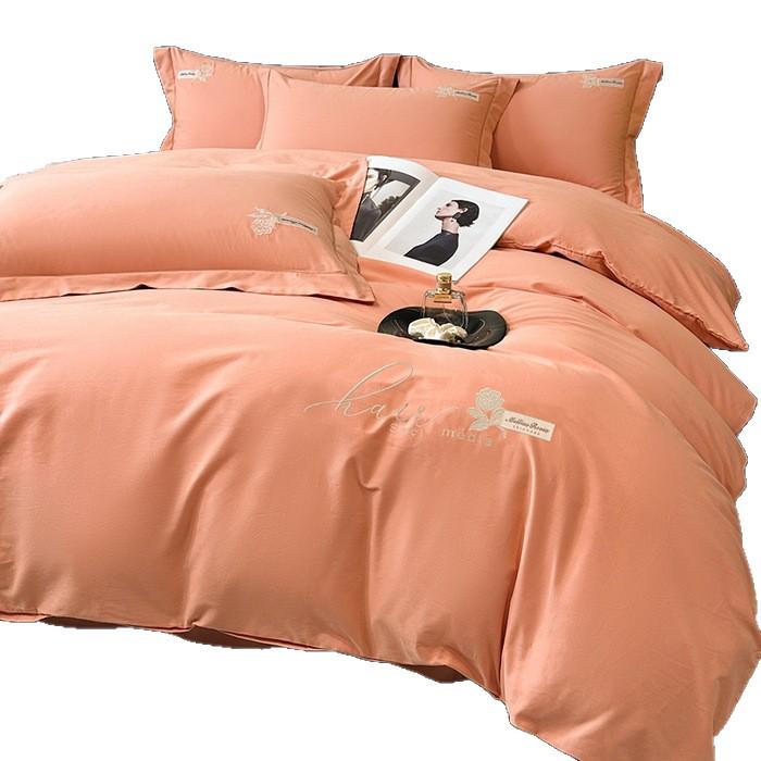 Luxury Pure Cotton Flannel Four-Piece Bedding Set: Solid Color Embroidered Bed Sheet & Duvet Cover Gift.