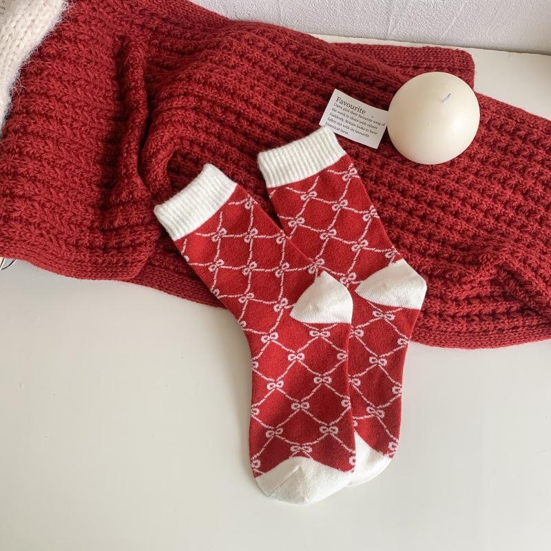 Cashmere Socks Women'S Thickened Warm Medium Tube Socks Wedding Natal Year Ankela Red Socks