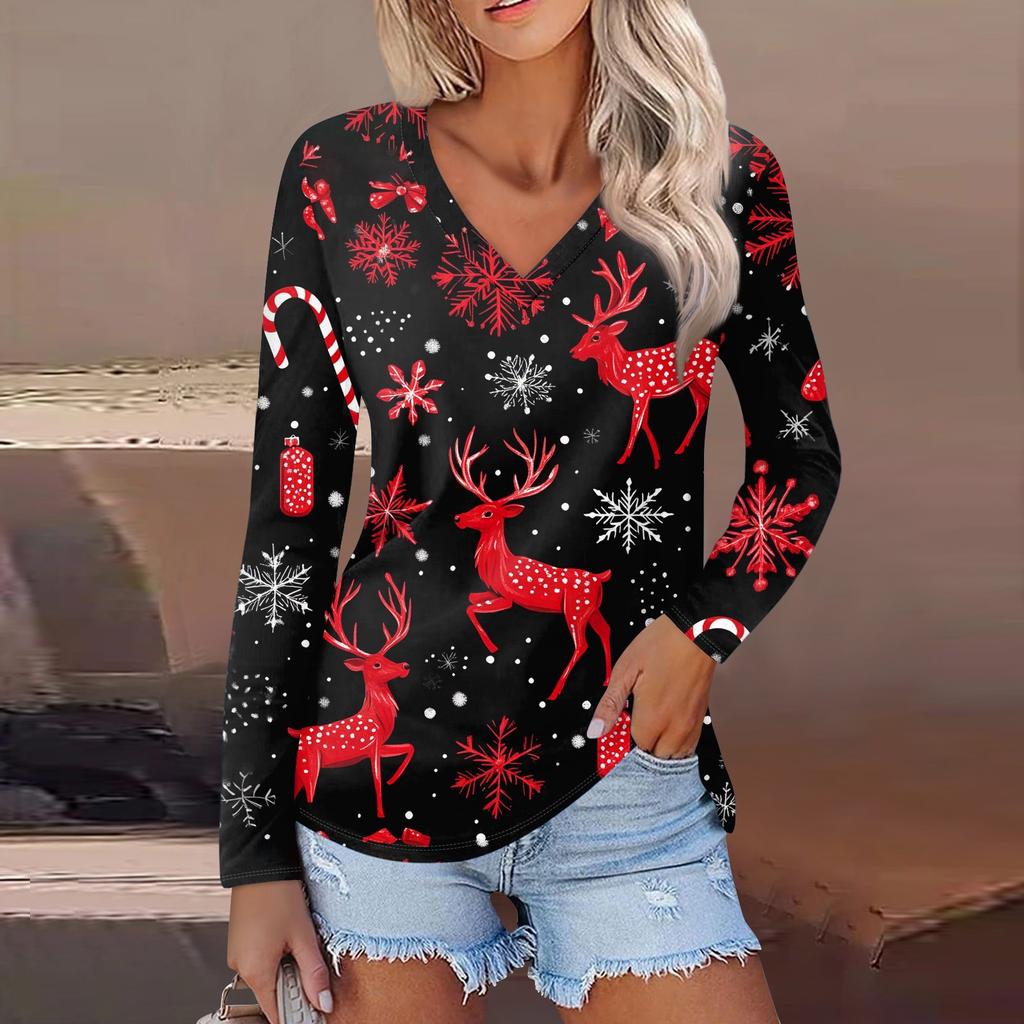 Women's Casual Fashion Sexy Comfortable Christmas Printed V-Neck Long Sleeve Top