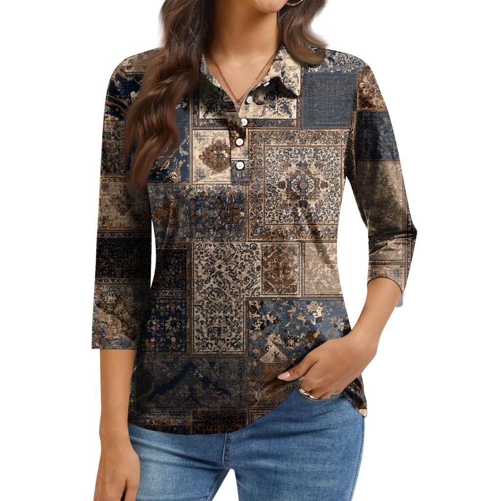 Women's Fashion Casual Lapel Short 3/4 Sleeve Print Shirt Women's Button Up Tops