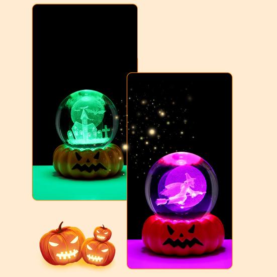 Halloween Crystal Ball Night Light for Kids 3D Pumpkin Crystal Ball LED Night Light with Resin Base Halloween Pumpkin Globes Lamp for Indoor