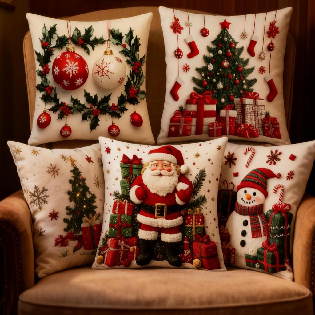 4 Pieces 18x18 Inch Winter Christmas Pillowcase Decor Linen Plush Cartoon Snowman Printed Pillow Cover Christmas Decoration