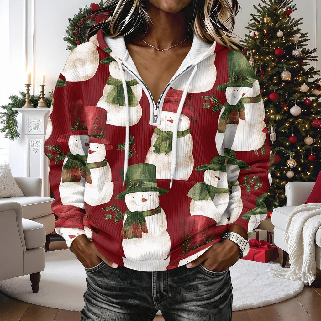 Women's Long Sleeve Christmas Print Pullover Hoodie with