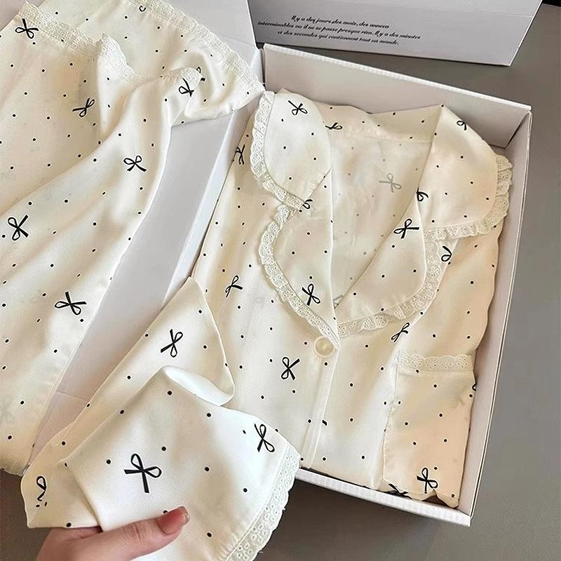 Sweet Lace Edge Ice Silk Polka Dot Pajamas Women'S Spring And Autumn Long Sleeves Explosive Bow Summer Loungewear Set