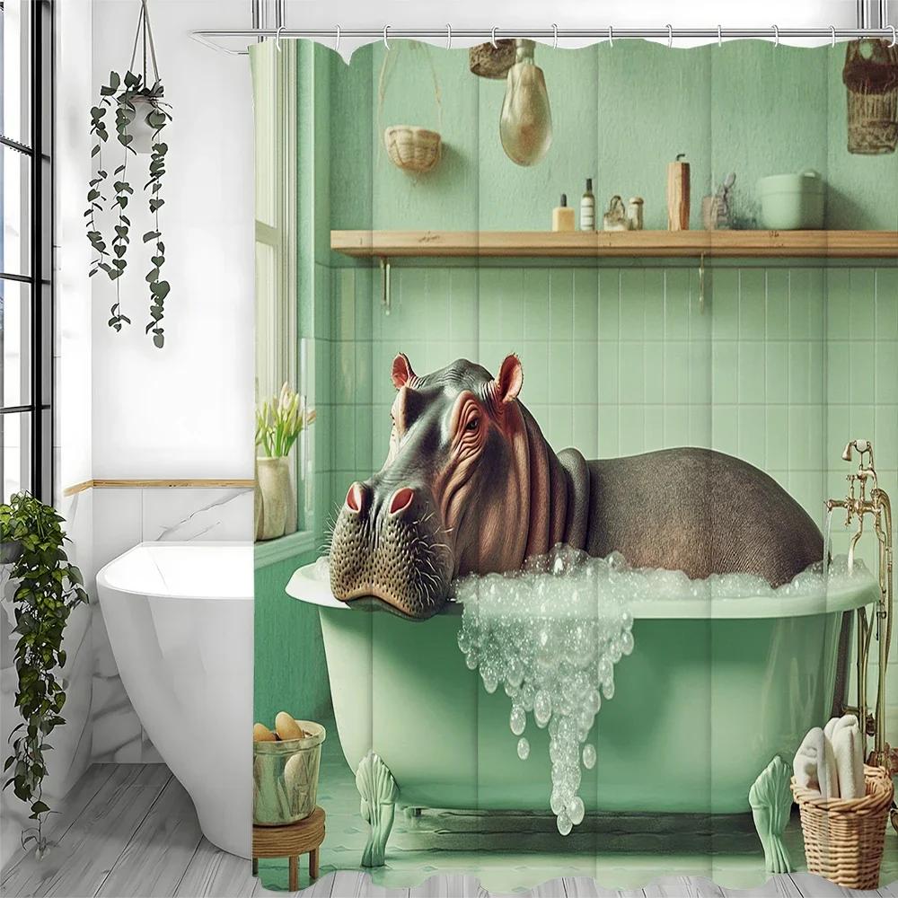 Fun Hippo Bathing in Tub Shower Curtain, Bathroom Decorative Shower Curtain, Waterproof Shower Curtain with Hooks