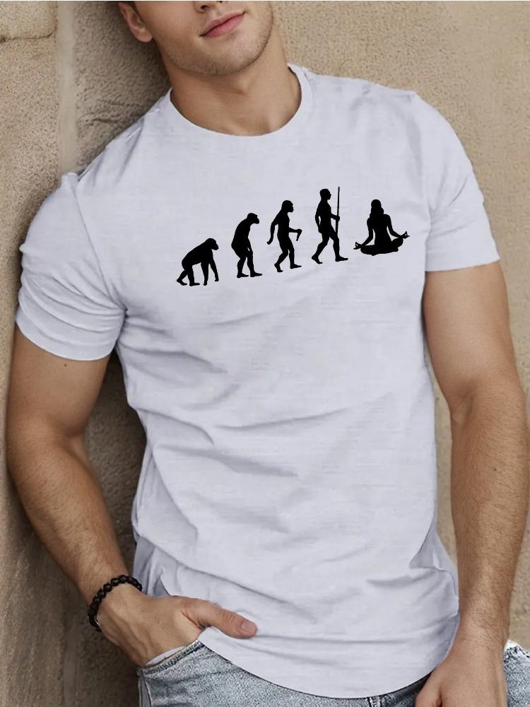 Yoga Humor Unisexs Loose Light Grey Tee Ape To HuUnisex Evolution Line Art Final Meditation Pose Black Silhouette Cotton Shirts