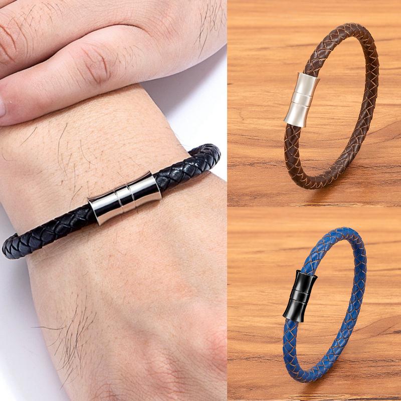 Unisex Armband Schwarz Braun Blau Echtes Geflochtenes Echtes Leder & Edelstahl Armband mit Schnallenverschluss Herren Armband
