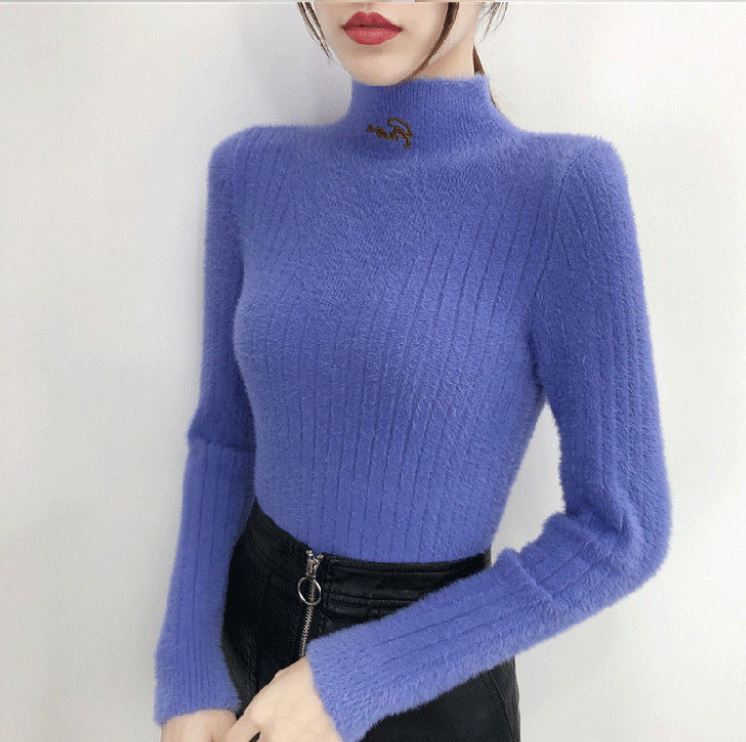 Mink Fleece Sweater Women's Solid Color Letter Embroidered Sweater Cropped Half Turtleneck Bottoming Shirt