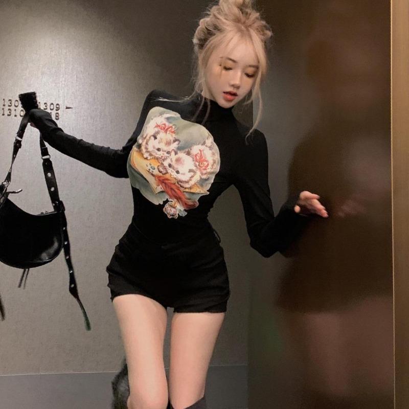 2KWEIRD Sweet Sexy Kawaii Cat Print Camisetas Half High Collar Women Vintage Short Tshirts Y2k Slim Waist Crop Tops Skinny Yellow Tees