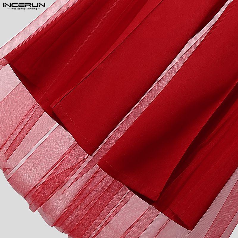 INCERUN Pantaloni a zampa casual da uomo a vita alta con cerniera, doppio strato, patchwork in rete