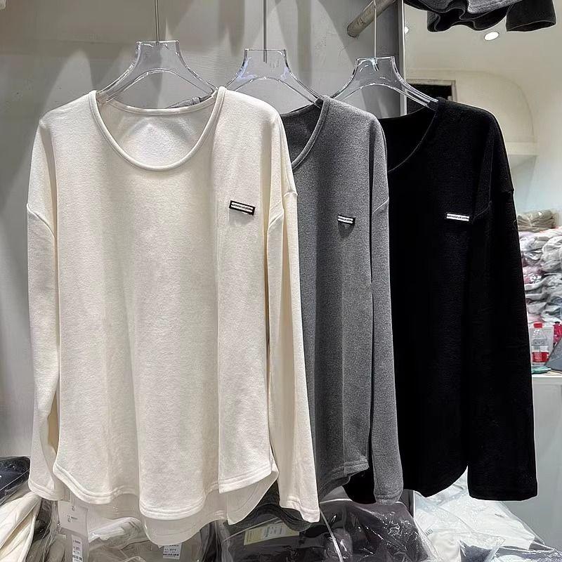 Tricou cu mâneci lungi, gros, cu gât U, periat, pentru femei, pentru toamnă și iarnă, top de bază, lejer, subțiator