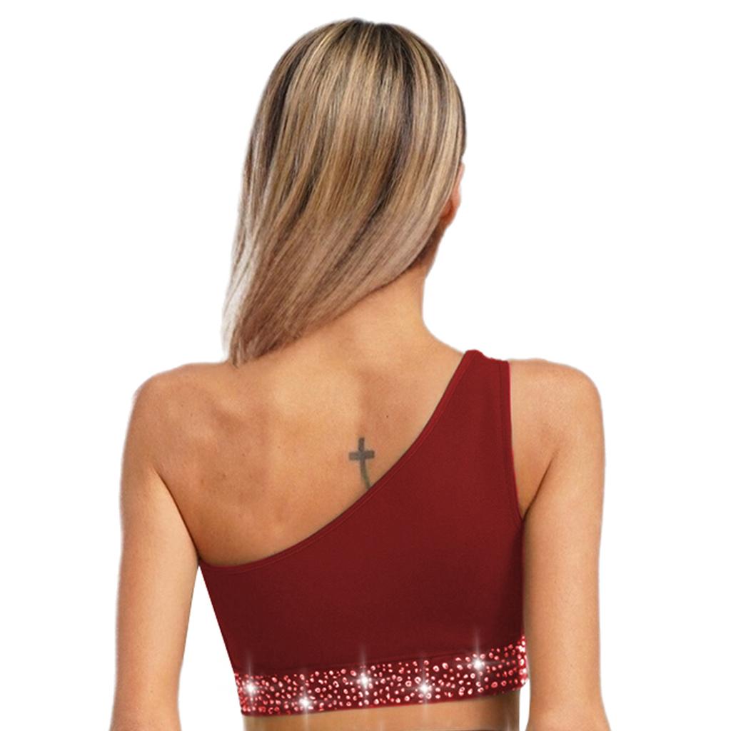 Women's Lyrical Dance Crop Top S-XXL: One Shoulder Ruched Mesh Overlay Rhinestone Design for Modern Dance Performance