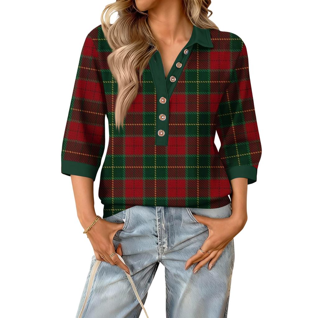 Women's fashionable and casual summer V-neck patchwork three-quarter sleeve plaid print top