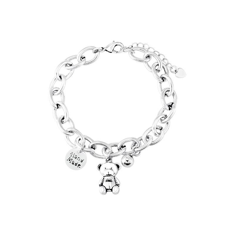 Sterling Silver S925 Silver Bracelet Letter Round Plate Niche Retro Bestie Bracelet Female Cute Korean Version Birthday Gift Bear Bracelet