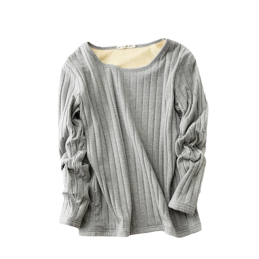 Thick Plus-Size Velvet-Lined Long-Sleeve Ribbed Cotton T-Shirt - Korean Style