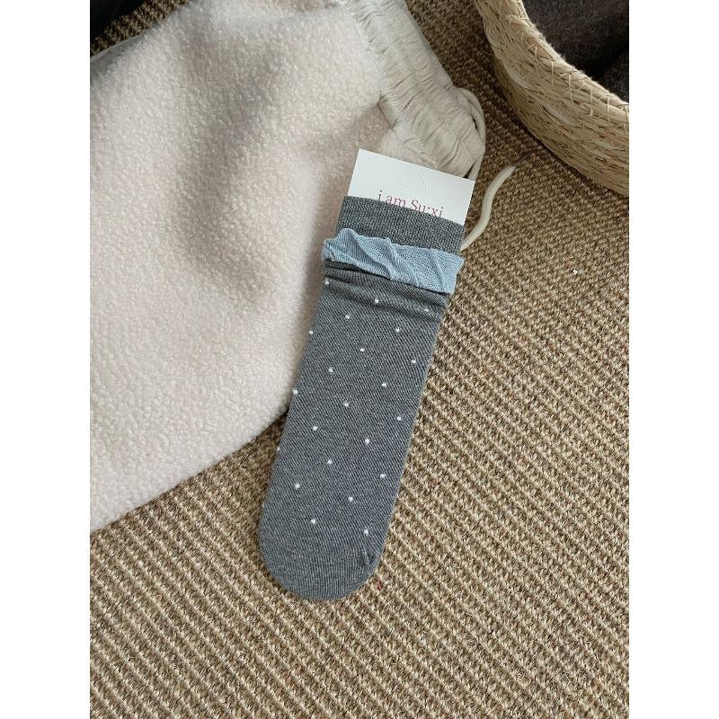 Autumn and Winter Personalized Retro Style Socks, Women's Bubble Lace, Flocked Polka Dot Pile Socks, Pure Cotton Boneless Mid-calf Socks