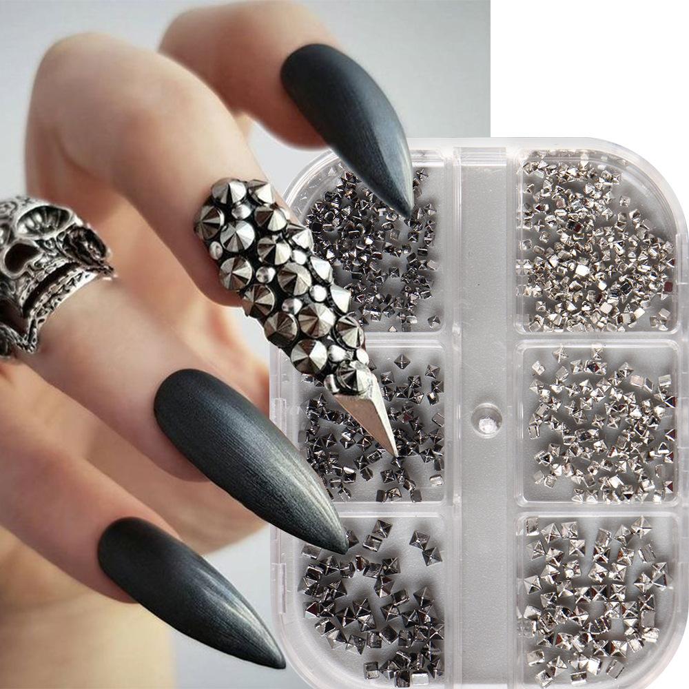 Nail Art Jewelry 6-Grid Box Black Silver Gold Square Rivet Punk Nail Jewelry