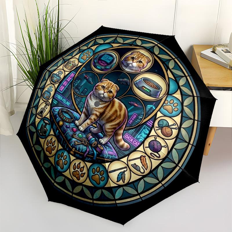 Cybernetic Cat Dreamscape pattern umbrella, portable and foldable design, 8 ribs, a casual accessory for Halloween, Christmas, and birthday gifts.