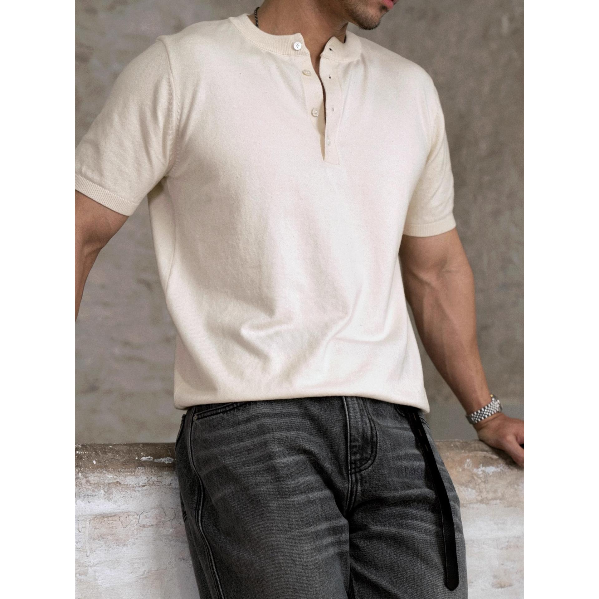 Мужская облегающая летняя вязаная футболка-henley с коротким рукавом, дышащая, из ледяного шелка M белый