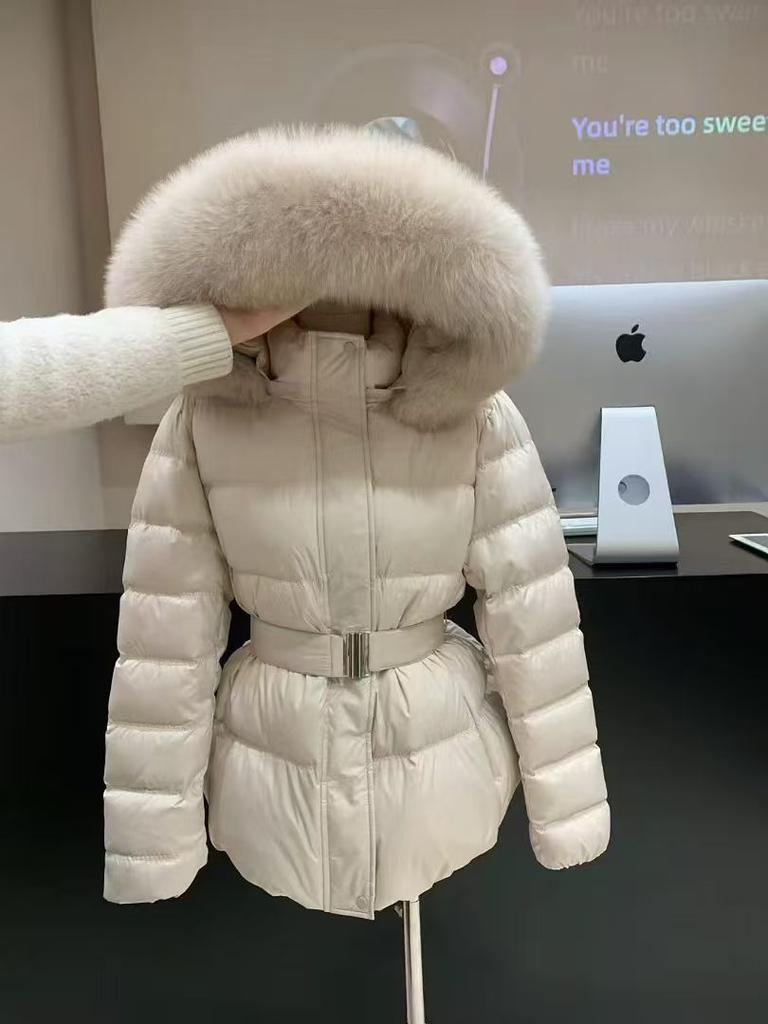 Winter new removable natural real fox fur collar down jacket women's medium and long lace-up waist warm jacket