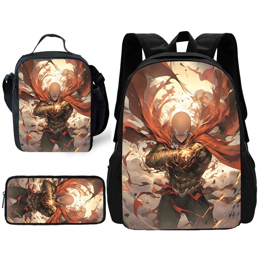 Kinder Anime One Punchs Man Schulrucksack mit Brotdosen ,Federmäppchen ,Schultaschen für Jungen Mädchen Bestes Geschenk