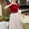 Chic Retro Square Neck Top & Polka Dot Skirt Set for Women - Hong Kong Style Summer Outfit