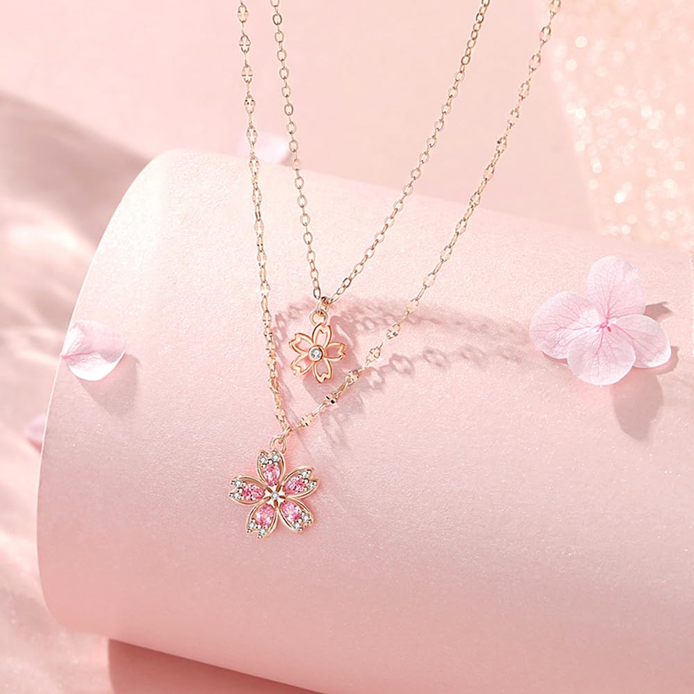 [K.L.Y] Women's Popular Cherry Blossom Necklace, Sterling Silver 925, High-Quality Pink Zirconia, Hypoallergenic, Double Strand Necklace, 18K Pink Gol